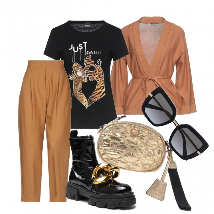 Outfit donna - Pranzo fuori al volo. Stile Urban per Tutti i giorni. Abbinamento con pantaloni, t-shirt, borse a mano, cardigans, occhiali da sole, stivaletti.