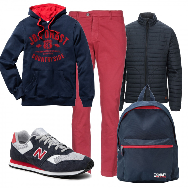 Outfit uomo - In università n. 24. Stile Casual per Tutti i giorni. Abbinamento con felpe con cappuccio, pantaloni, borse sportive, piumini, sneakers.