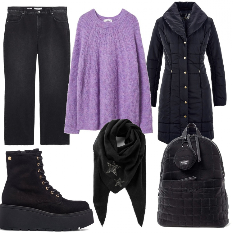 Outfit donna - Total look #1244916. Stile Casual chic per Scuola/Università. Abbinamento con foulard, giacche, zaini, anfibi, pullovers, jeans.