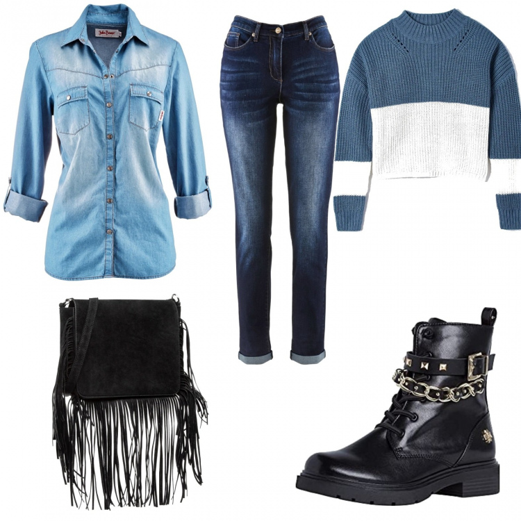 Outfit donna - Black & Jeans!. Stile Rock per Tutti i giorni. Abbinamento con camicie, jeans boyfriend, maglieria, borse a mano, stivali.
