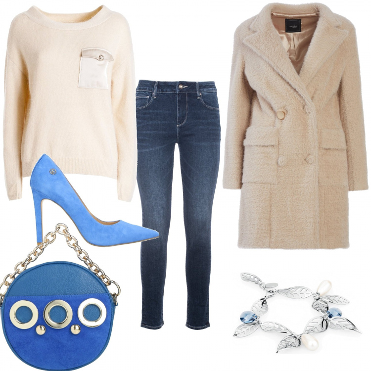 Outfit donna - Fracomina. Stile Chic per Serata fuori. Abbinamento con décolleté, borse a mano, cappotti, jeans skinny, maglieria, braccialetti.