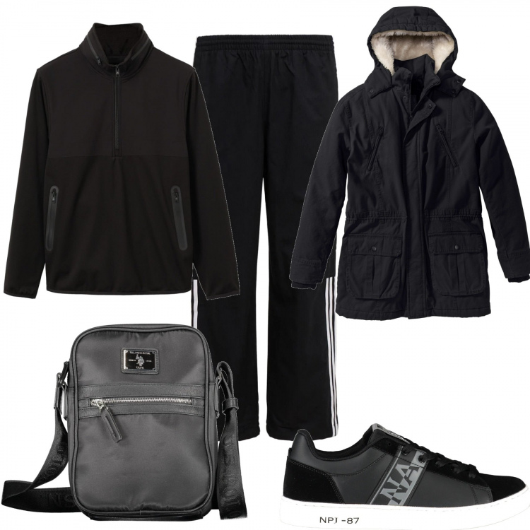 Outfit uomo - Total black con righe. Stile Casual per Tutti i giorni. Abbinamento con parka, sneakers, giacche, polo, pantaloni cargo.