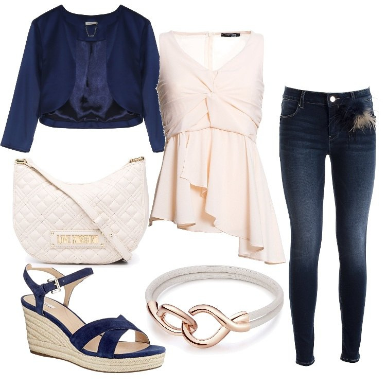 Outfit donna - Fracomina in jeans. Stile Casual chic per Cerimonia. Abbinamento con bluse, jeans skinny, bolero, braccialetti, borse a spalla, sandali col tacco.