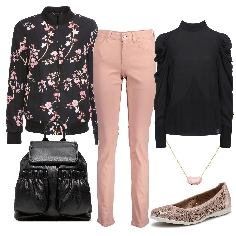 Outfit donna - Uscire in rosa e in nero. Stile Urban per Tutti i giorni. Abbinamento con bomber, bluse, ballerine, zaini, ciondoli, jeans.