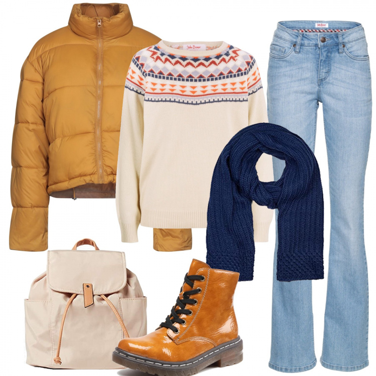 Outfit donna - Il maglione jaquard per tutti i giorni. Stile Basic per Tutti i giorni. Abbinamento con jeans bootcut, maglieria, piumini, stivaletti, sciarpe, zaini.