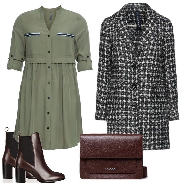 Outfit donna - Total look #1245710. Stile Casual per Tutti i giorni. Abbinamento con vestiti chemisier, cappotti, borse a mano, stivaletti chelsea.