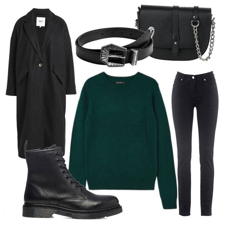 Outfit donna - Rock chic. Stile Rock per Serata fuori. Abbinamento con jeans dritti, cappotti, borse a tracolla, maglieria, anfibi, cinture.