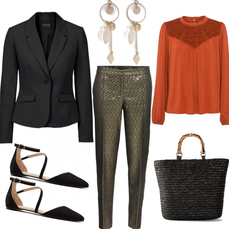 Outfit donna - Bonprix total look. Stile Bon Ton per Ufficio. Abbinamento con blazer, orecchini, pantaloni, maglieria, maglieria, ballerine.