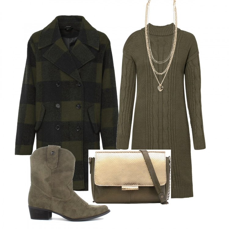 Outfit donna - Cappotto E Vestito In Maglia. Stile Preppy per Tutti i giorni. Abbinamento con borse a tracolla, ballerine, vestiti, ciondoli, stivali.