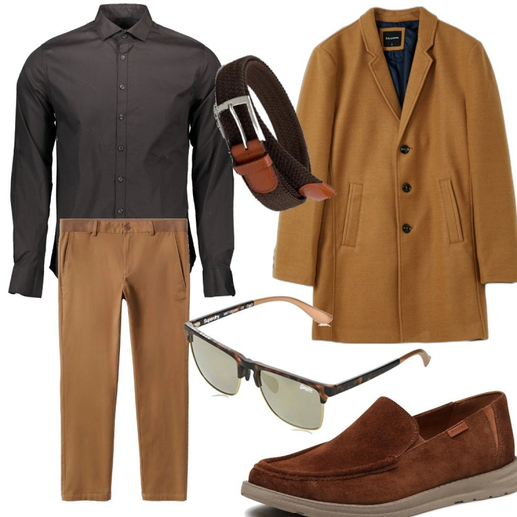 Outfit uomo - Pranzo con i colleghi. Stile Casual per Tutti i giorni. Abbinamento con cappotti, scarpe stringate, pantaloni capri, cinture, camicie, occhiali da sole.