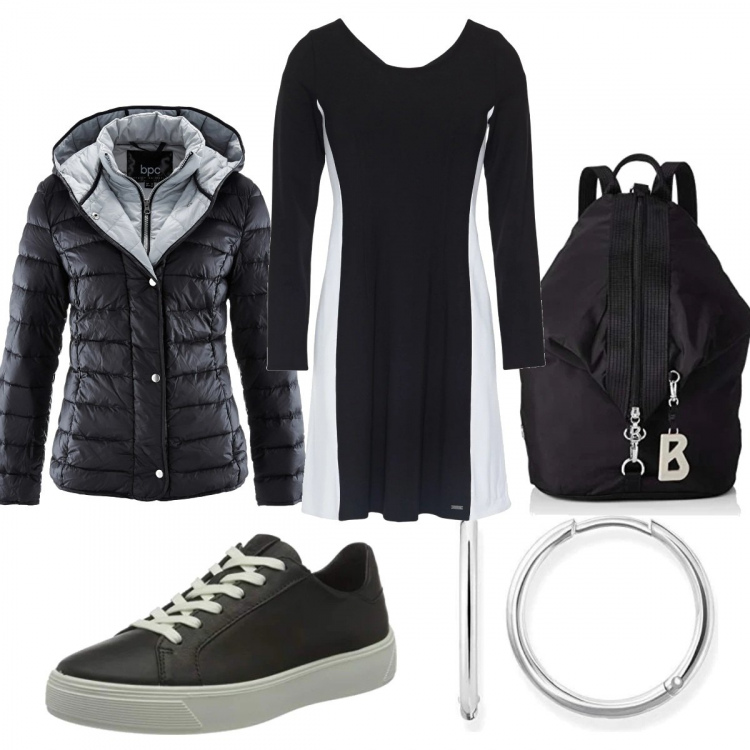 Outfit donna - Sporty chic #278. Stile Sporty chic per Tutti i giorni. Abbinamento con piumini, vestiti corti, zaini, orecchini, sneakers alte.