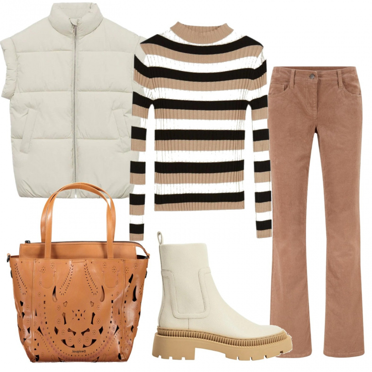 Outfit donna - Gita tra le colline. Stile Casual per Tutti i giorni. Abbinamento con pantaloni, pullovers, stivaletti, pochette, piumini.