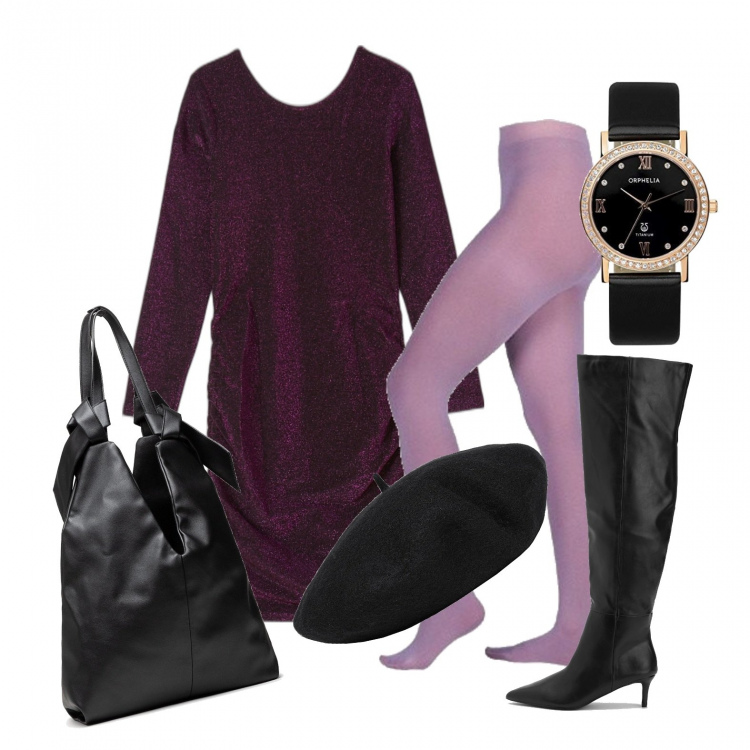 Outfit donna - Camaleontica. Stile Glamour per Tutti i giorni. Abbinamento con cappelli, vestiti, stivali sopra il ginocchio, collant, borse a mano, orologi analogici.