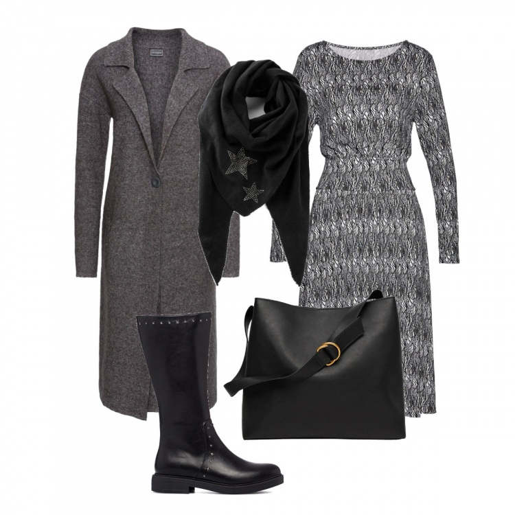 Outfit donna - Al Centro Commerciale. Stile Casual chic per Tutti i giorni. Abbinamento con foulard, vestiti midi/longuette, cappotti, stivali, shopping bag.