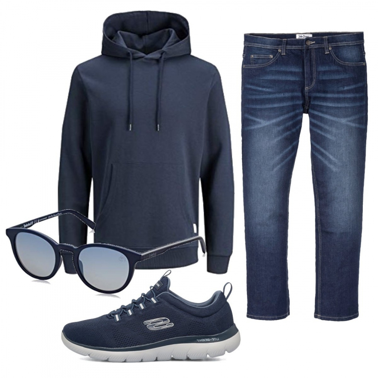 Outfit uomo - Casual #3386. Stile Casual per Tutti i giorni. Abbinamento con jeans dritti, sneakers, felpe con cappuccio, occhiali da sole.