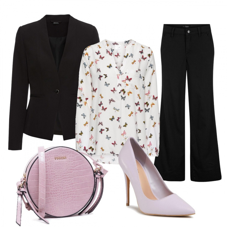 Outfit donna - Volo Di Farfalle. Stile Chic per Ufficio. Abbinamento con bluse, blazer, pantaloni a palazzo, scarpe col tacco, borse a mano.