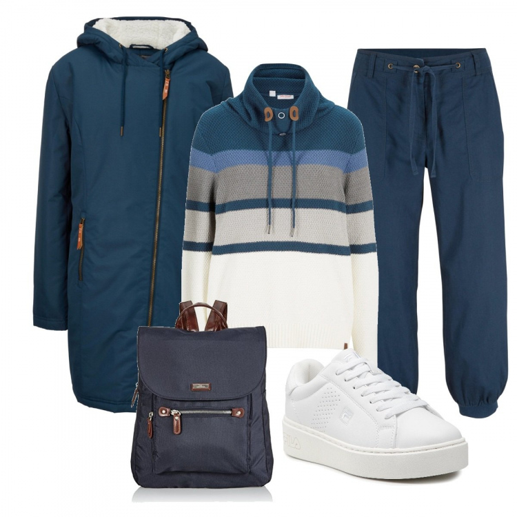 Outfit donna - La Comodità Della Domenica. Stile Sporty chic per Tutti i giorni. Abbinamento con maglieria, cappotti, pantaloni capri, sneakers, zaini.