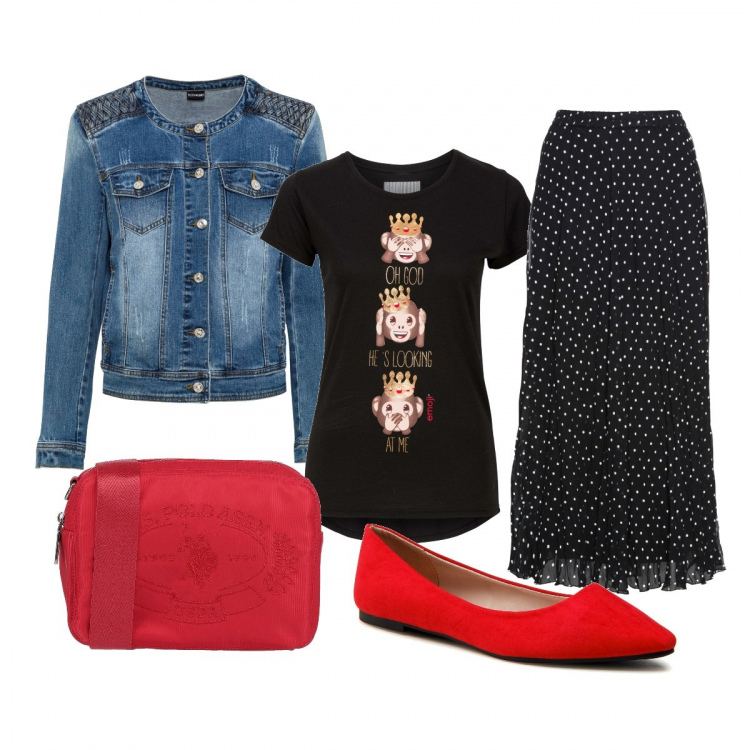Outfit donna - Le 3 Scimmiette. Stile Casual chic per Tutti i giorni. Abbinamento con gonne, t-shirt, blazer, borse a tracolla, ballerine.