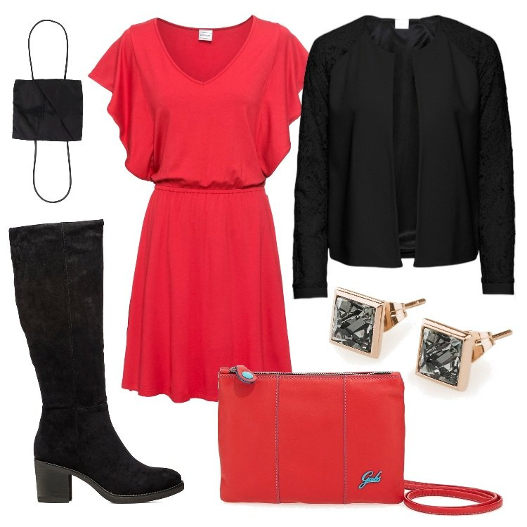 Outfit donna - Corallo. Stile Trendy per Tutti i giorni. Abbinamento con blazer, vestiti, orecchini, portafogli, stivali, pochette.