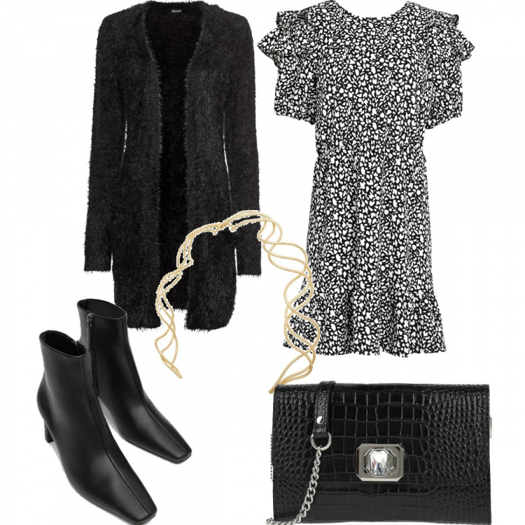 Outfit donna - Total look #1246373. Stile Trendy per Tutti i giorni. Abbinamento con cardigans, vestiti corti, borse a tracolla, collane, stivaletti.