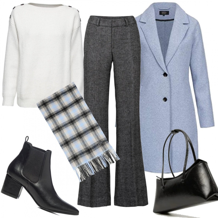Outfit donna - Al sole di metà Gennaio. Stile Basic per Tutti i giorni. Abbinamento con pantaloni a palazzo, maglieria, sciarpe, stivaletti, cappotti, borse a spalla.
