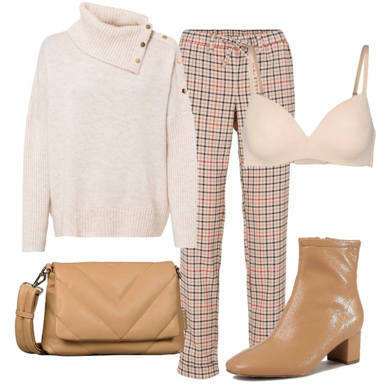 Outfit donna - Tutta in beige. Stile Bon Ton per Ufficio. Abbinamento con pantaloni a palazzo, maglieria, stivaletti, reggiseni, borse a spalla.