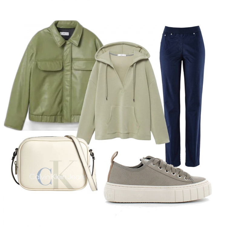 Outfit donna - Ecopelle Verde Oliva. Stile Casual chic per Tutti i giorni. Abbinamento con pantaloni sportivi, borse a tracolla, sneakers, felpe con cappuccio, giacche.