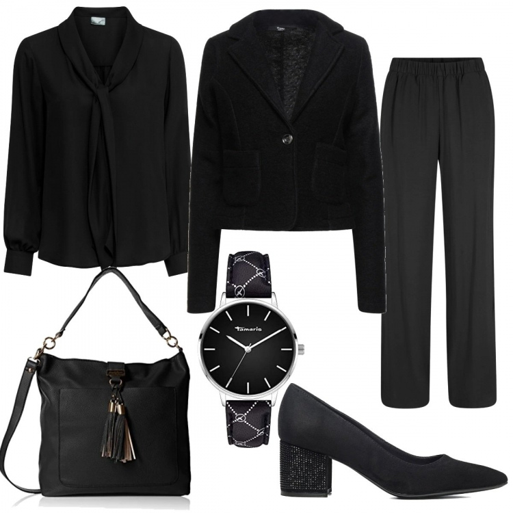Outfit donna - Minimal #142. Stile Minimal per Ufficio. Abbinamento con pantaloni, camicie, blazer, décolleté, orologi, borse a tracolla.