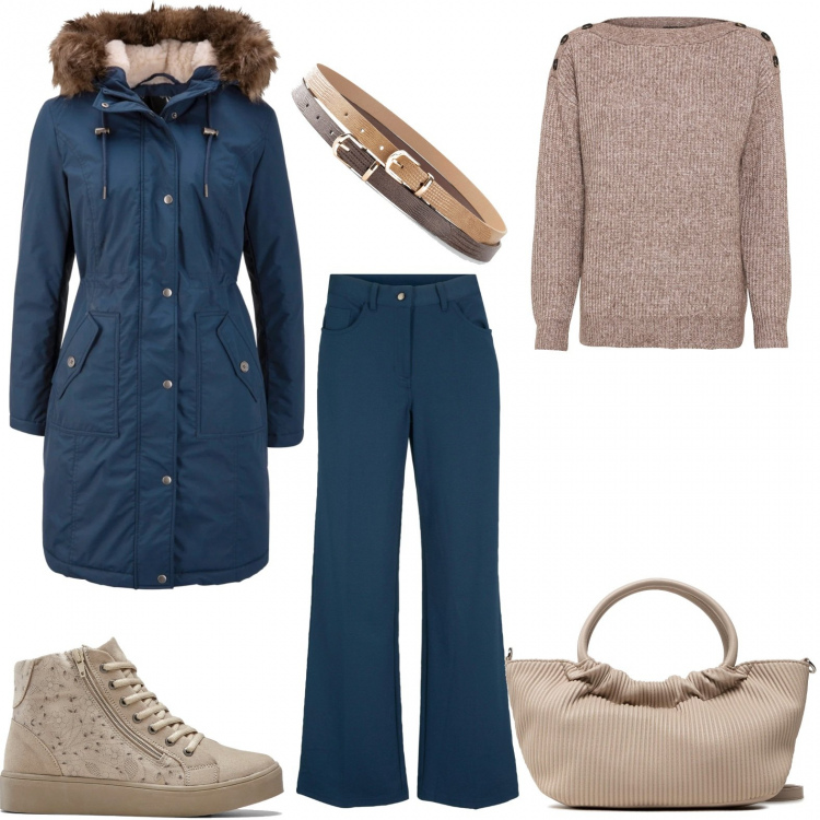 Outfit donna - La giornata tipo. Stile Casual chic per Tutti i giorni. Abbinamento con maglieria, pantaloni, sneakers alte, parka, cinture, borse a mano.