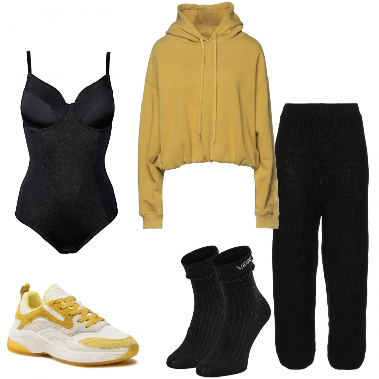 Outfit donna - Una serata a casa. Stile Basic per Tutti i giorni. Abbinamento con body, pantaloni, felpe con cappuccio, calzini, sneakers.