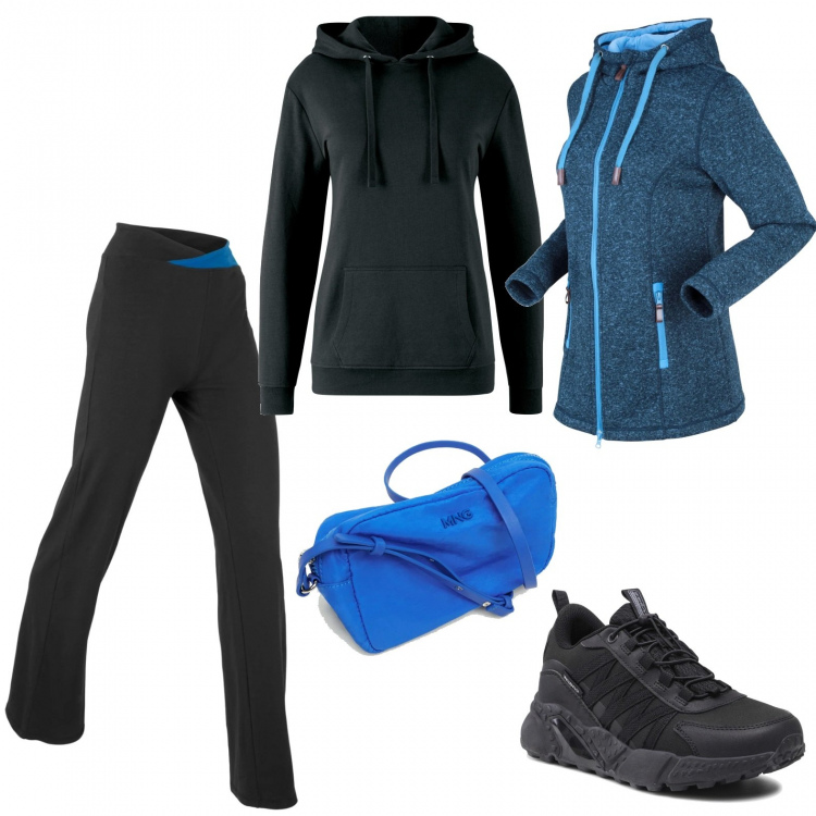 Outfit donna - A camminare con il gruppo del sabato. Stile Sporty chic per Sport. Abbinamento con pantaloni sportivi, blazer, felpe con cappuccio, scarpe sportive, borse a tracolla.