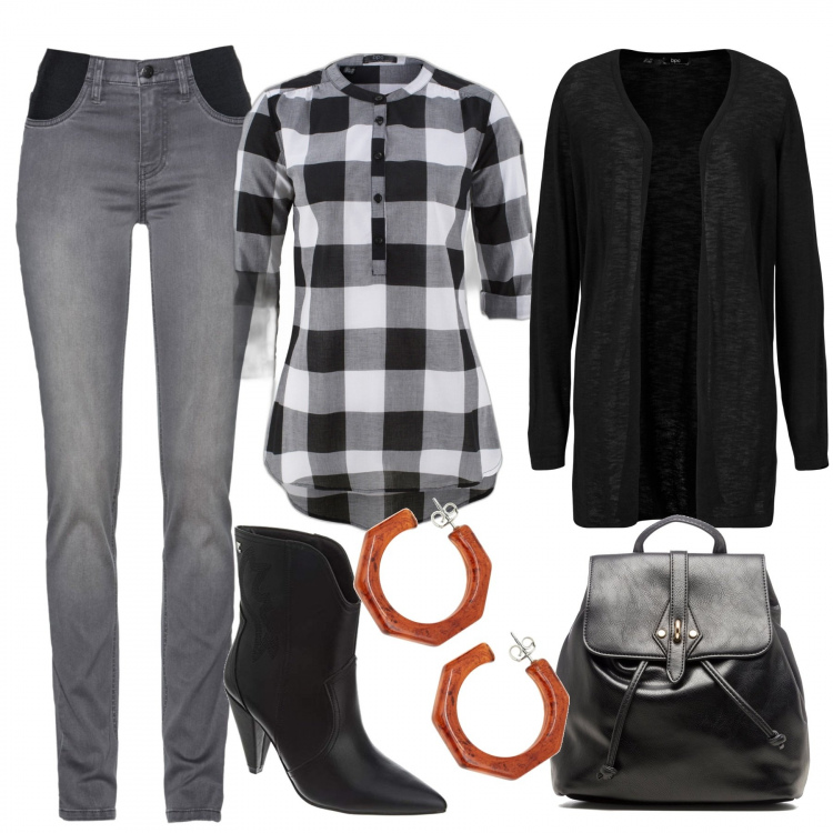 Outfit donna - Con le amiche. Stile Casual per Tutti i giorni. Abbinamento con cardigans, bluse, jeans, orecchini, zaini, stivaletti.