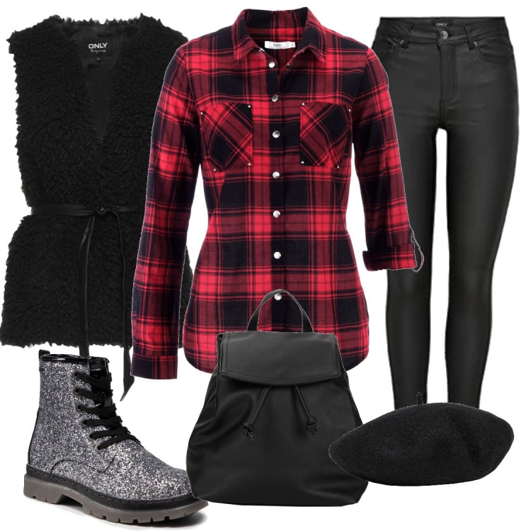 Outfit donna - A spasso con le amiche. Stile Basic per Tutti i giorni. Abbinamento con camicie, cappotti, cappelli, zaini, stivaletti, pantaloni skinny.