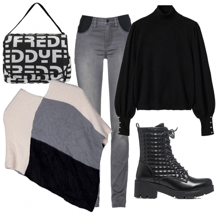Outfit donna - La mantella geometrica e gli anfibi. Stile Rock per Tutti i giorni. Abbinamento con jeans, borse messenger, anfibi, pullovers, cappotti.