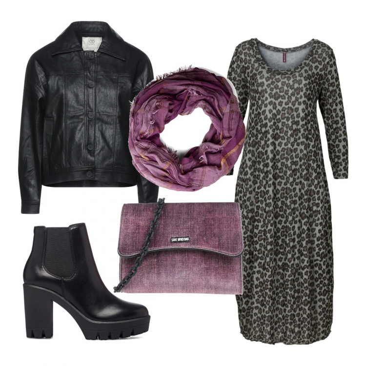 Outfit donna - Viola E Nero Animalier. Stile Casual chic per Tutti i giorni. Abbinamento con vestiti midi/longuette, giacche, borse a tracolla, stivaletti, foulard.