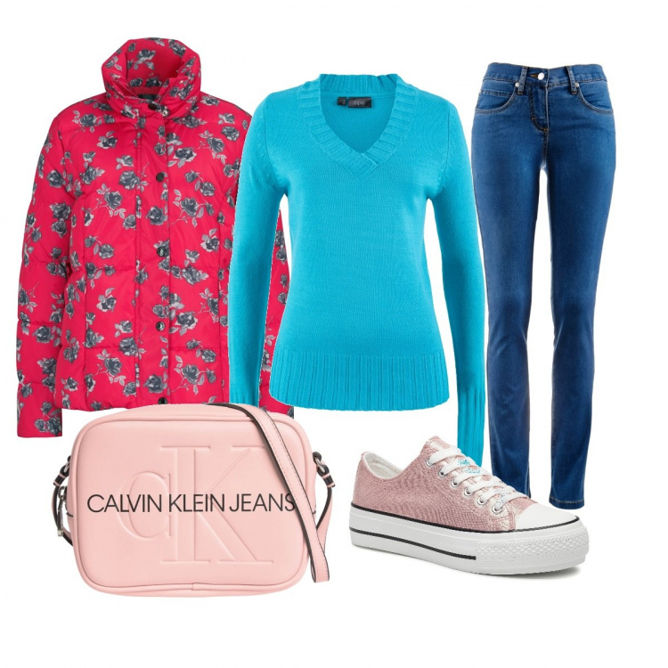 Outfit donna - Il Piumino Che Mette Allegria. Stile Casual chic per Tutti i giorni. Abbinamento con jeans dritti, pullovers, giacche, borse a tracolla, sneakers.