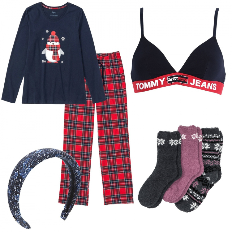Outfit donna - A casa in pigiama. Stile Basic per Tutti i giorni. Abbinamento con pigiama, calzini, reggiseni, fasce per capelli.
