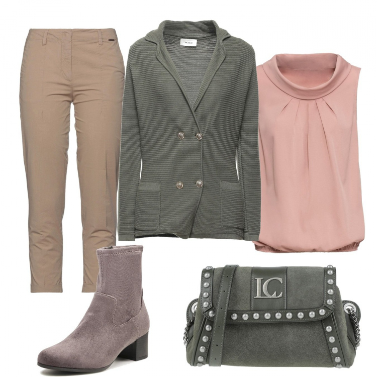 Outfit donna - Il blazer di maglia. Stile Casual chic per Ufficio. Abbinamento con blazer, pantaloni, borse a tracolla, top, stivaletti.