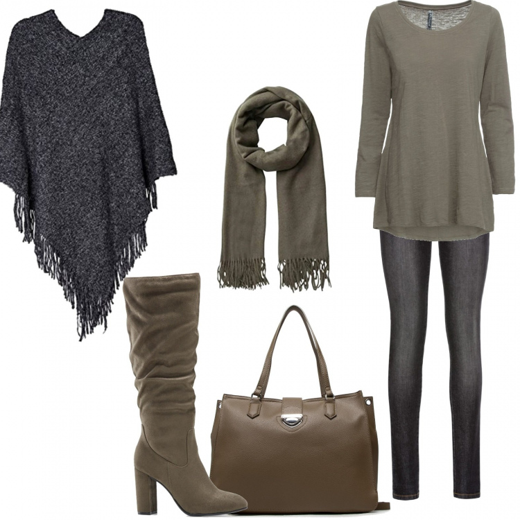 Outfit donna - In ufficio come piace a te!. Stile Basic per Ufficio. Abbinamento con maglieria, jeggings, stivali, borse a mano, cappotti, sciarpe.