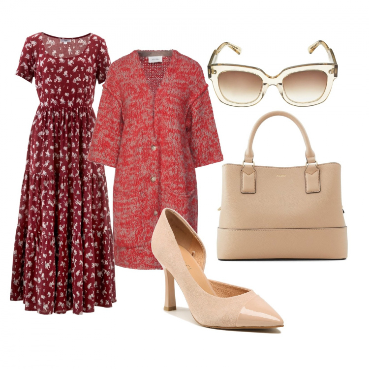 Outfit donna - Dea curvy in red. Stile Bon Ton per Ufficio. Abbinamento con vestiti lunghi, cardigans, borse a mano, scarpe col tacco, occhiali da sole.