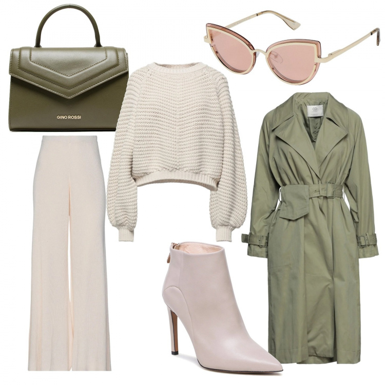 Outfit donna - Total White con un tocco di Green. Stile Casual chic per Ufficio. look ideale per Tall. Abbinamento con stivaletti, borse a mano, pantaloni, cappotti, pullovers, occhiali da sole.
