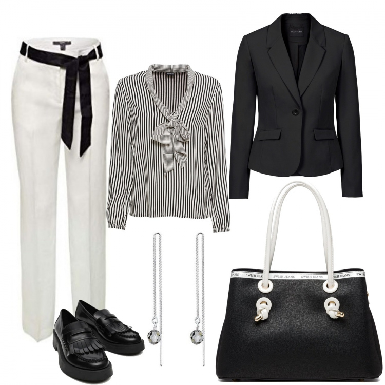 Outfit donna - Curvy, giornata di lavoro in Mannish. Stile Mannish per Ufficio. Abbinamento con blazer, bluse, borse a mano, pantaloni, mocassini, orecchini.