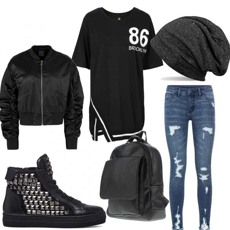 Outfit donna - Total look #1248157. Stile Urban per Tutti i giorni. Abbinamento con maglieria, jeans strappati, giacche, zaini, sneakers alte, berretti.