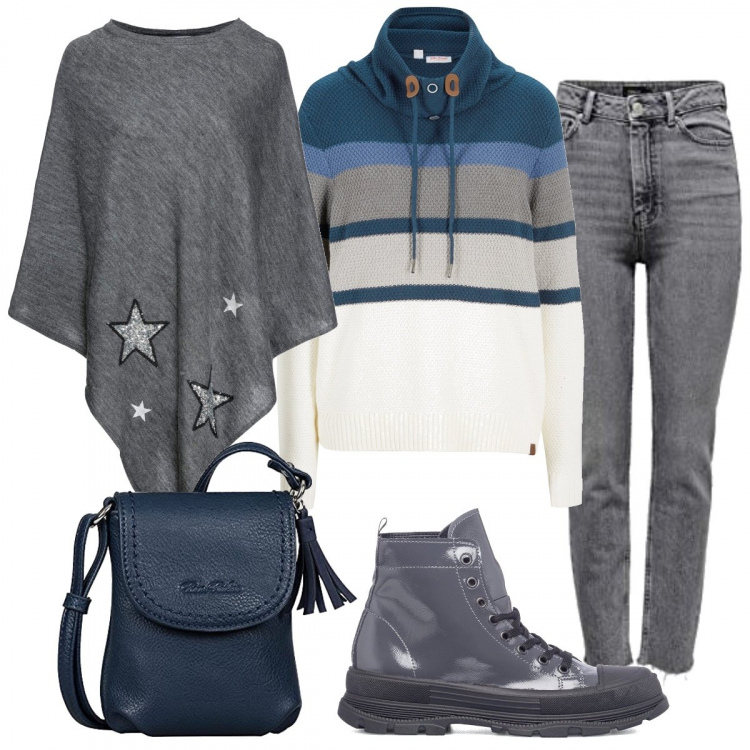 Outfit donna - Fuori con il cane. Stile Basic per Tutti i giorni. Abbinamento con maglieria, cappotti, anfibi, pantaloni, borse a tracolla.