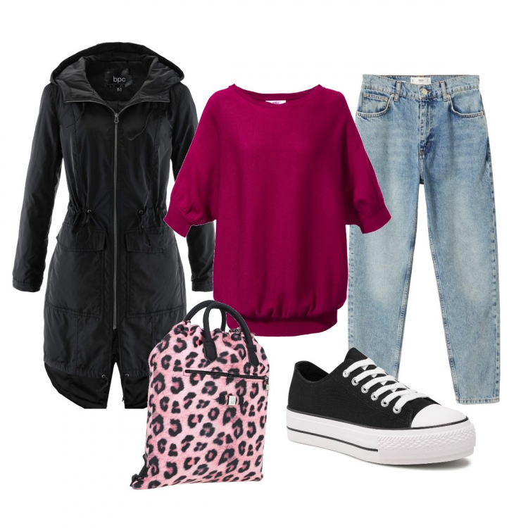 Outfit donna - Giornata Dinamica. Stile Casual per Tutti i giorni. Abbinamento con blazer, maglieria, zaini, sneakers, jeans mom.