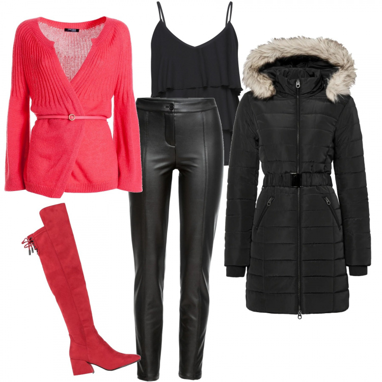Outfit donna - Rosso e Nero. Stile Casual per Tutti i giorni. Abbinamento con giacche, pantaloni, stivali, top, cardigans.