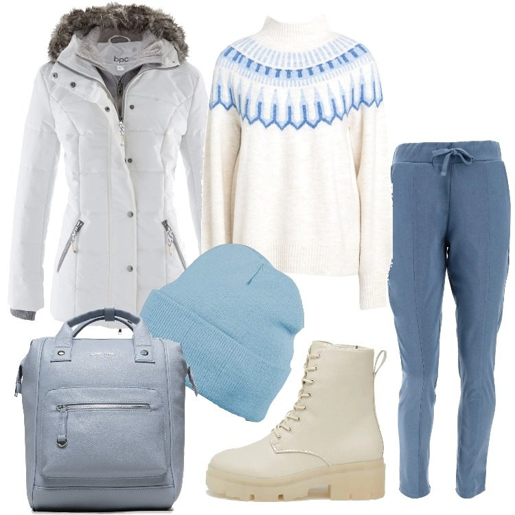 Outfit donna - Una giornata in montagna. Stile Casual per Tutti i giorni. Abbinamento con piumini, maglieria, anfibi, pantaloni, zaini, berretti.