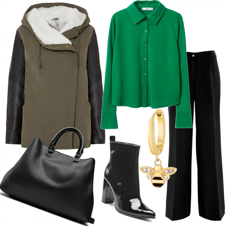 Outfit donna - Green_Office. Stile Casual per Ufficio. Abbinamento con pantaloni, parka, orecchini, borse a mano, stivaletti, camicie.
