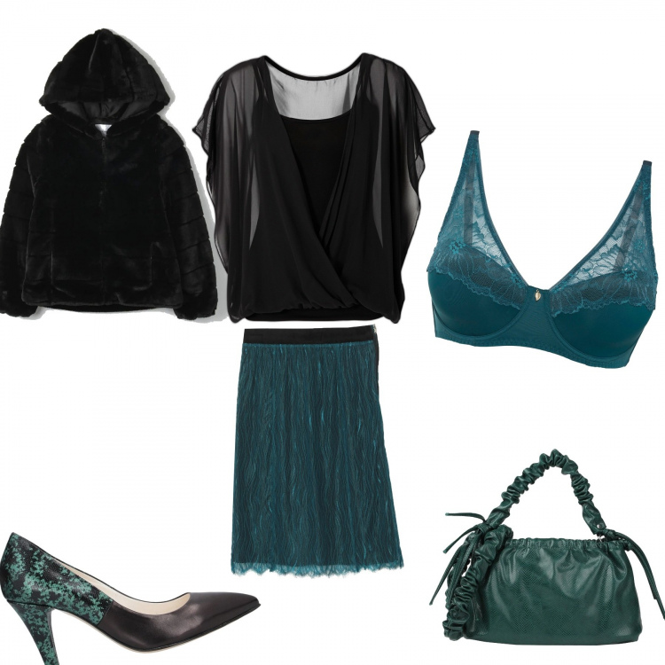 Outfit donna - Una serata fuori. Stile Chic per Serata fuori. Abbinamento con stivali, bluse, gonne longuette, borse a mano, décolleté, ecopellicce.