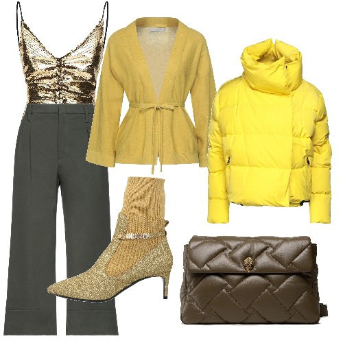 Outfit donna - Trendy glam. Stile Trendy per Serata fuori. Abbinamento con stivaletti, piumini, pantaloni, cardigans, borse a mano, top.